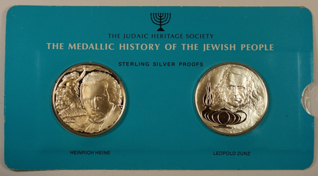1oz Silver Medal Featuring Heinrich Heine and Leopold Zunz from Judaic Heritage Series: 1oz Silver Medal Featuring Heinrich Heine and Leopold Zunz from Judaic Heritage Series This 1oz sterling silver medal from the Judaic Heritage Society is part of the Medallic History of the Jewish Peo