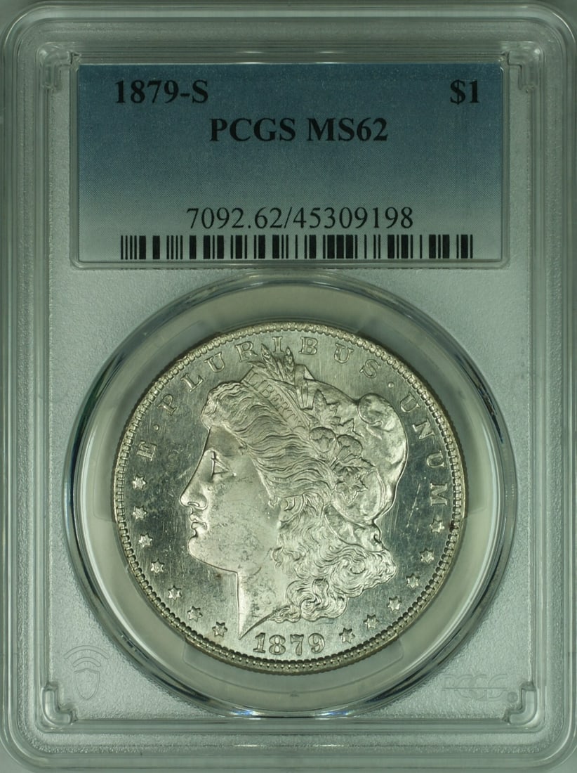 PCGS MS62 1879-S Morgan Dollar Semi Prooflike Silver $1 San Francisco: PCGS MS62 1879-S Morgan Dollar Semi Prooflike Silver $1 San Francisco This 1879-S Morgan Silver Dollar features semi proof-like surfaces and has been certified by PCGS with a grade of MS-62. Struck at