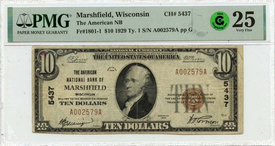 1929 $10 American National Bank Note Marshville WI PMG VF25 CH#5437: 1929 $10 American National Bank Note Marshville WI PMG VF25 CH#5437 This 1929 $10 American National Bank note from Marshville, Wisconsin, features a denomination of 1801-1 and is graded as VF25 by PMG