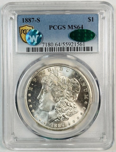 PCGS CAC MS64 1887 San Francisco Morgan Dollar Silver Coin: PCGS CAC MS64 1887 San Francisco Morgan Dollar Silver Coin This 1887 S Morgan Silver Dollar is certified by PCGS with a grade of MS-64 and features CAC approval, highlighting its quality. Struck in Sa