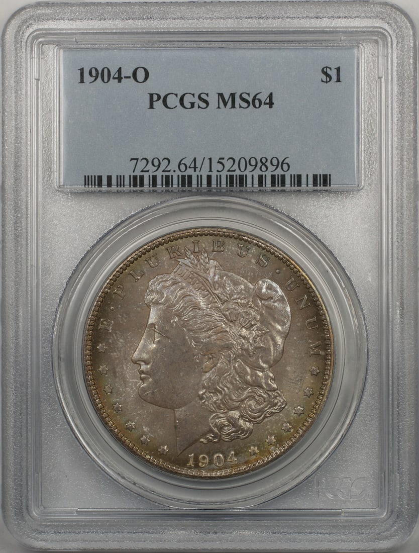 PCGS MS-64 1904-O Morgan Silver Dollar from New Orleans Mint: PCGS MS-64 1904-O Morgan Silver Dollar from New Orleans Mint This is a 1904-O Morgan Silver Dollar coin from the United States, minted in New Orleans. It is certified by PCGS with a grade of MS-64, in