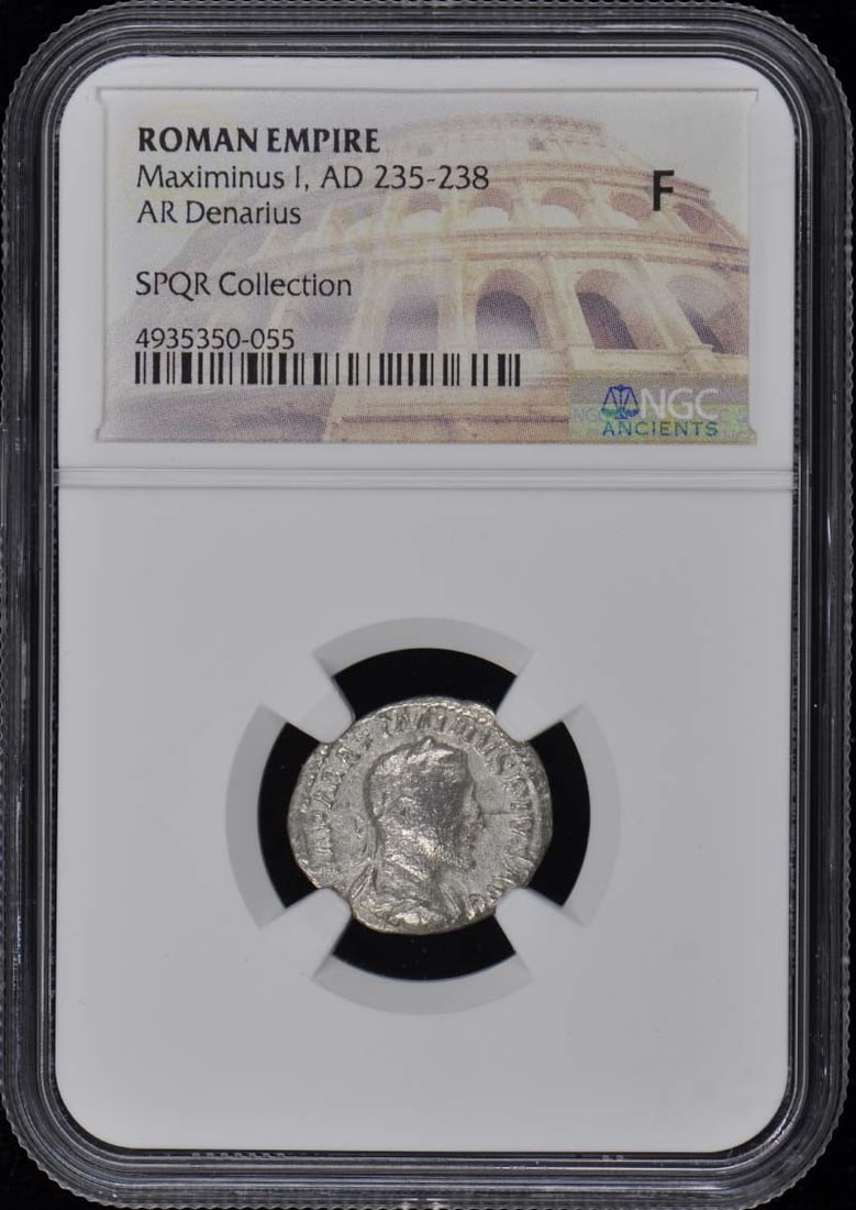 Maximinus I Ancient Roman AR Denarius NGC Certified F12: Maximinus I Ancient Roman AR Denarius NGC Certified F12 This ancient Roman AR Denarius features Maximinus I, minted during the Roman Empire from AD 235 to 238. The coin is certified by NGC with a grad