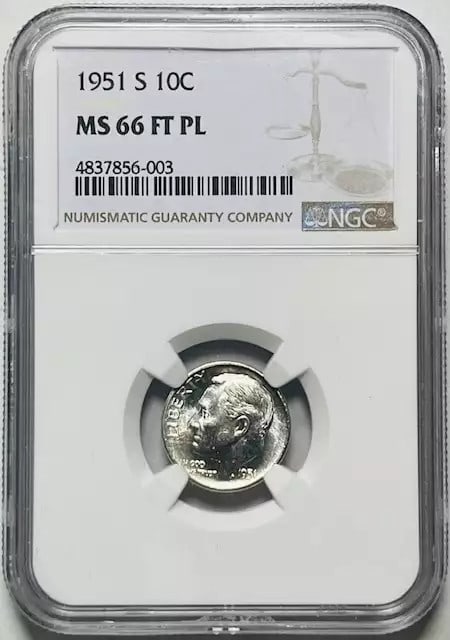 1951 San Francisco Roosevelt Dime NGC MS-66 Full Torch Proof Like: 1951 San Francisco Roosevelt Dime NGC MS-66 Full Torch Proof Like This 1951-S Roosevelt Dime is certified by NGC as MS-66 with Full Torch designation, showcasing its exceptional quality and proof-like