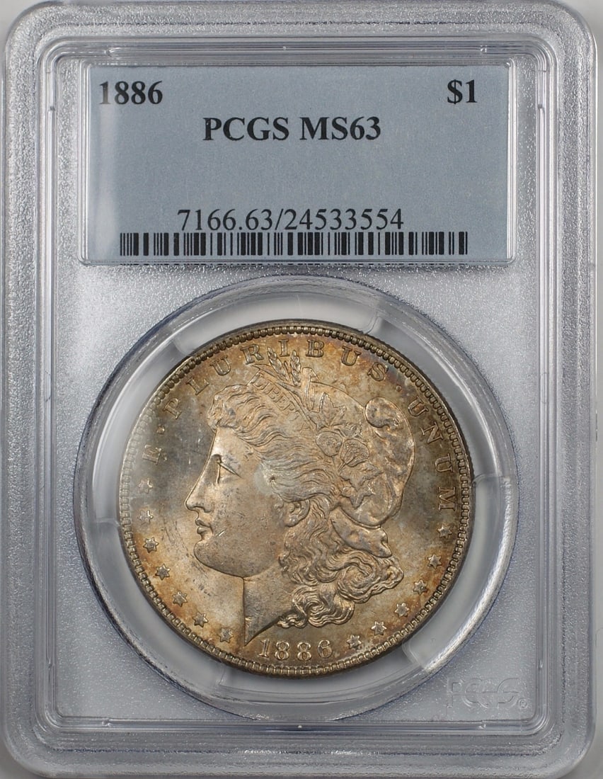 PCGS MS-63 1886 Silver Morgan Dollar Philadelphia Toned Uncirculated: PCGS MS-63 1886 Silver Morgan Dollar Philadelphia Toned Uncirculated This 1886 Morgan Silver Dollar features a beautiful toned finish and has been certified by PCGS with a grade of MS-63. Struck in Ph
