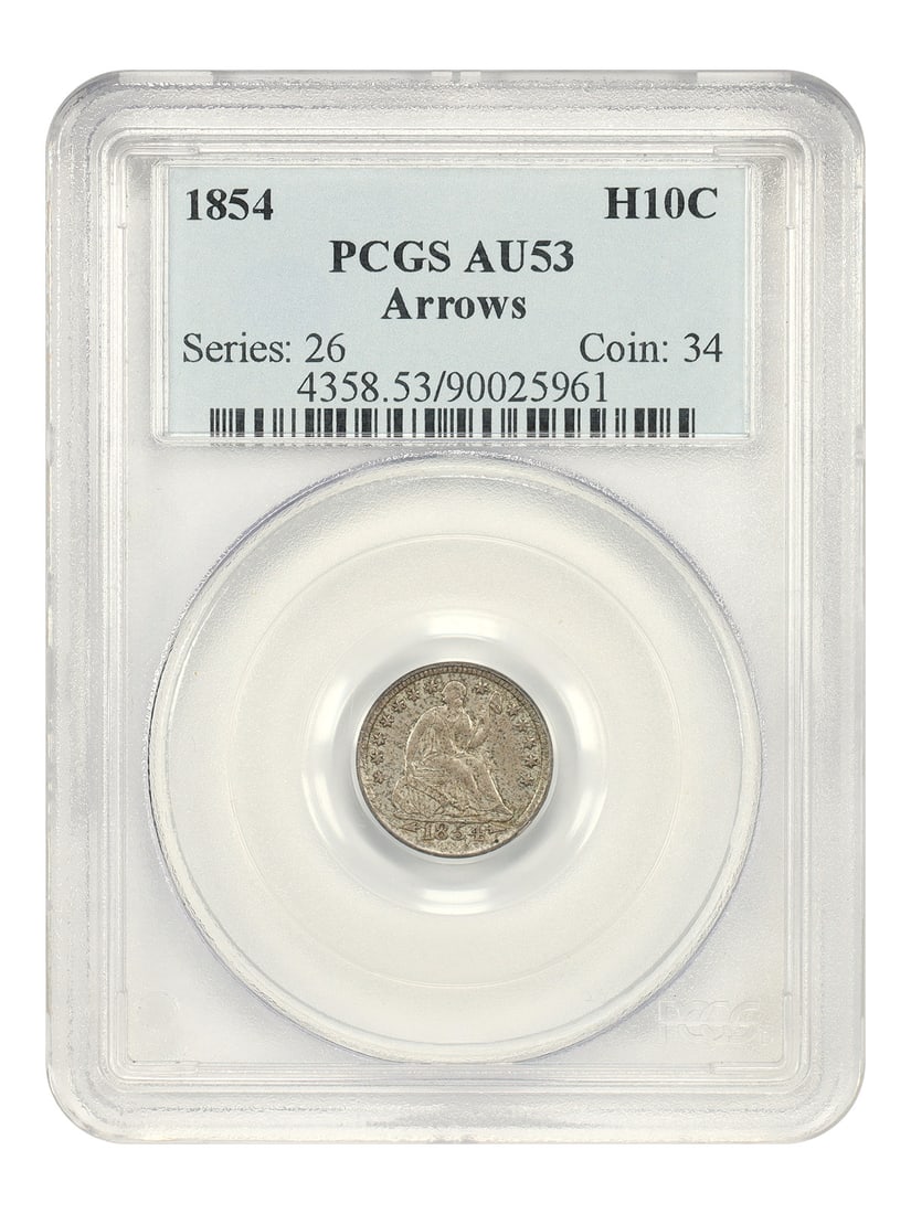 1854 Liberty Seated Half Dime Arrows Type PCGS AU53 Certified Coin: 1854 Liberty Seated Half Dime Arrows Type PCGS AU53 Certified Coin This 1854 Liberty Seated Half Dime is a circulated coin graded AU53 by PCGS. Featuring the sought-after with-arrows design, this half