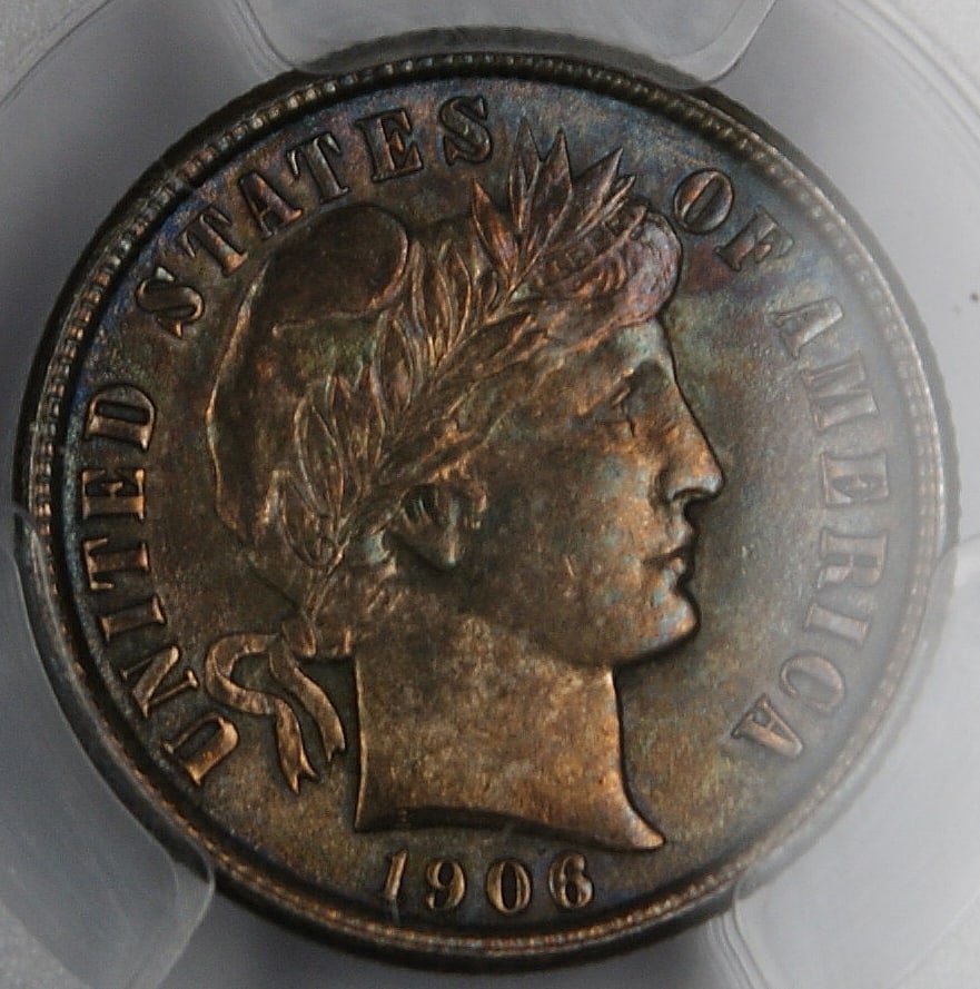 PCGS Certified 1906 Barber Dime Silver UNC Details Toned Philadelphia: PCGS Certified 1906 Barber Dime Silver UNC Details Toned Philadelphia This 1906 Barber Silver Dime was minted in Philadelphia and is certified by PCGS as Genuine with UNC Details. The coin is composed
