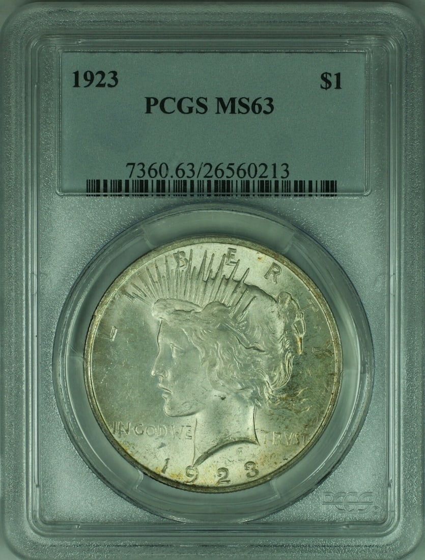 PCGS MS63 1923 Peace Silver Dollar from Philadelphia Light Toning: PCGS MS63 1923 Peace Silver Dollar from Philadelphia Light Toning This 1923 Peace Silver Dollar features the iconic design commemorating peace following World War I. Certified by PCGS as MS63, this un