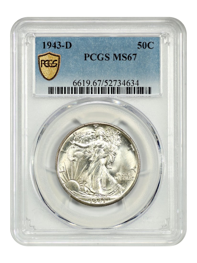 PCGS MS67 1943-D Walking Liberty Half Dollar 50C Uncirculated: PCGS MS67 1943-D Walking Liberty Half Dollar 50C Uncirculated This is a 1943-D Walking Liberty Half Dollar graded MS67 by PCGS. The coin is uncirculated and was minted in Denver, featuring the iconic