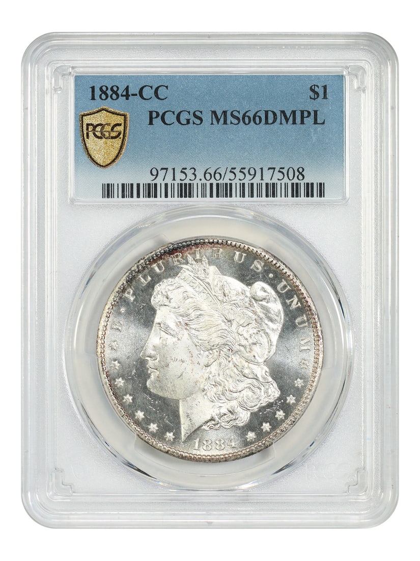 PCGS MS66DMPL Carson City 1884 Morgan Silver Dollar: PCGS MS66DMPL Carson City 1884 Morgan Silver Dollar This 1884-CC Morgan Dollar is certified by PCGS with a grade of MS66DMPL, indicating it is in uncirculated condition. It features a deep mirror proo