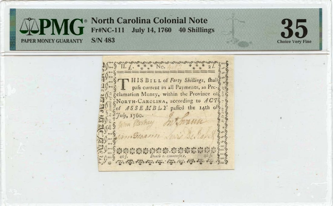 1760 North Carolina Colonial Note FR#NC-111 PMG VF35 Top Pop (1 of 2)