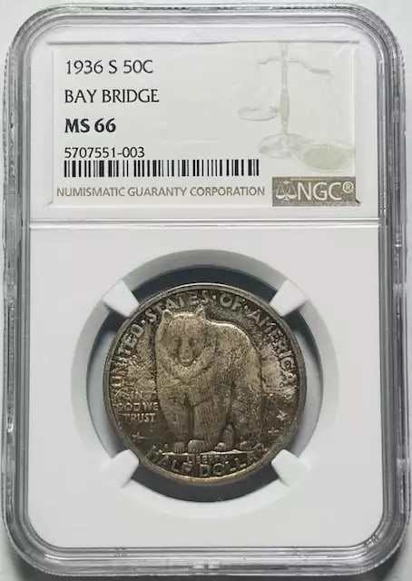 1936 S Silver Commemorative Oakland Bay Bridge NGC MS 66 Coin: 1936 S Silver Commemorative Oakland Bay Bridge NGC MS 66 Coin This 1936 S Classic Commemorative San Francisco - Oakland Bay Bridge coin is a remarkable piece of history, graded MS 66 by NGC. Struck in