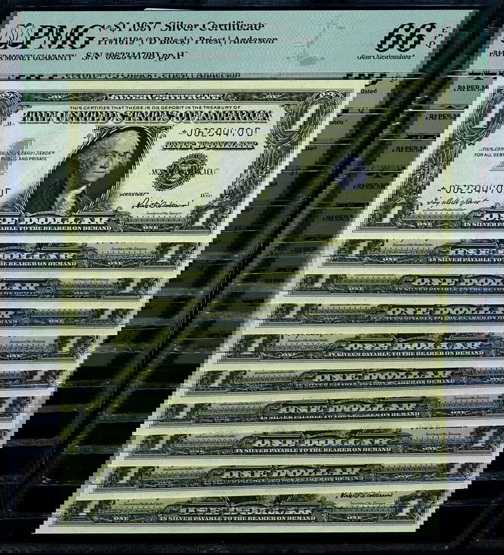 1957 $1 Silver Certificate FR 1619* PMG CU66 EPQ Gem 10pc D Block Set (1 of 2)