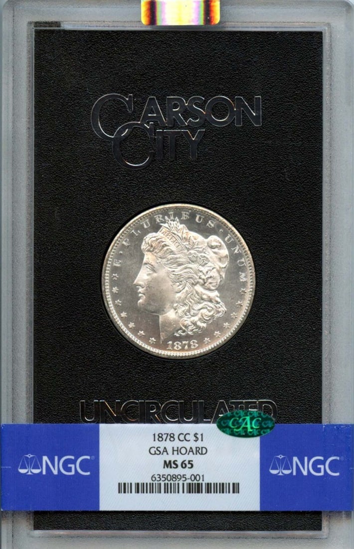 1878-CC Morgan Dollar NGC MS65 CAC GSA Hoard Uncirculated: 1878-CC Morgan Dollar NGC MS65 CAC GSA Hoard Uncirculated Presenting the 1878-CC Morgan Dollar, a stunning piece from the GSA Hoard collection. This Uncirculated coin has been graded MS65 by NGC, with