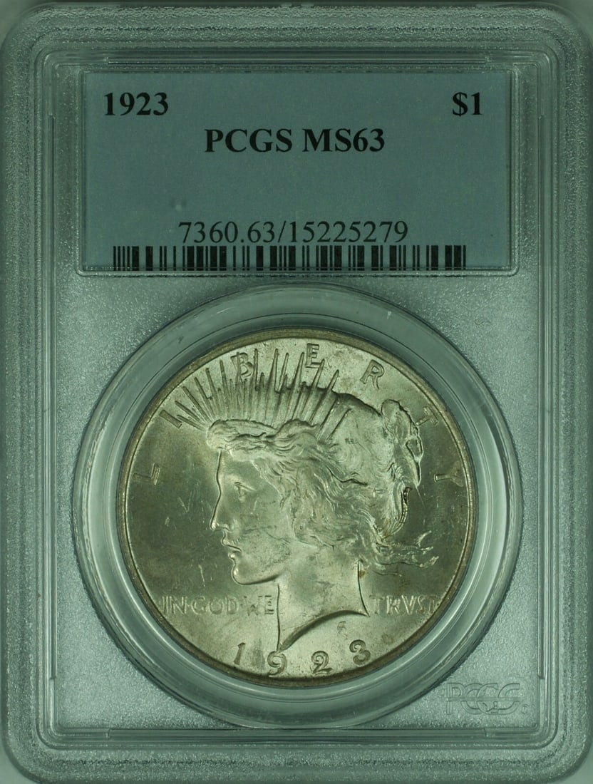 PCGS MS-63 1923 Peace Dollar Silver $1 Coin Philadelphia Mint: PCGS MS-63 1923 Peace Dollar Silver $1 Coin Philadelphia Mint This 1923 Peace Silver Dollar is a $1 coin from the United States, minted in Philadelphia. It is composed of silver and has been certified