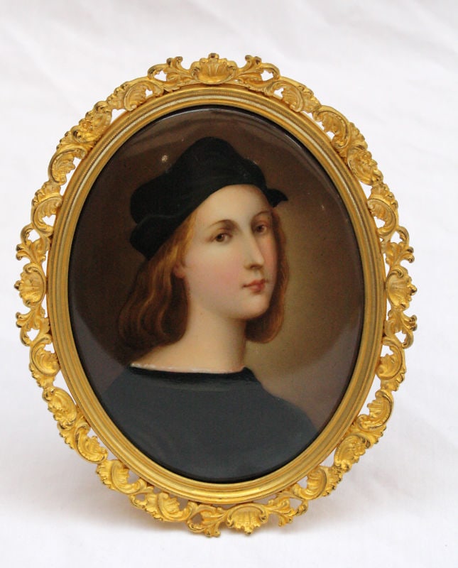 19th Century French Dore Bronze Frame with Hand-Painted Porcelain Portrait: 19th Century French Dore Bronze Frame with Hand-Painted Porcelain Portrait This exquisite 19th century French dore bronze frame showcases a beautifully hand-painted porcelain portrait of a boy. Crafte