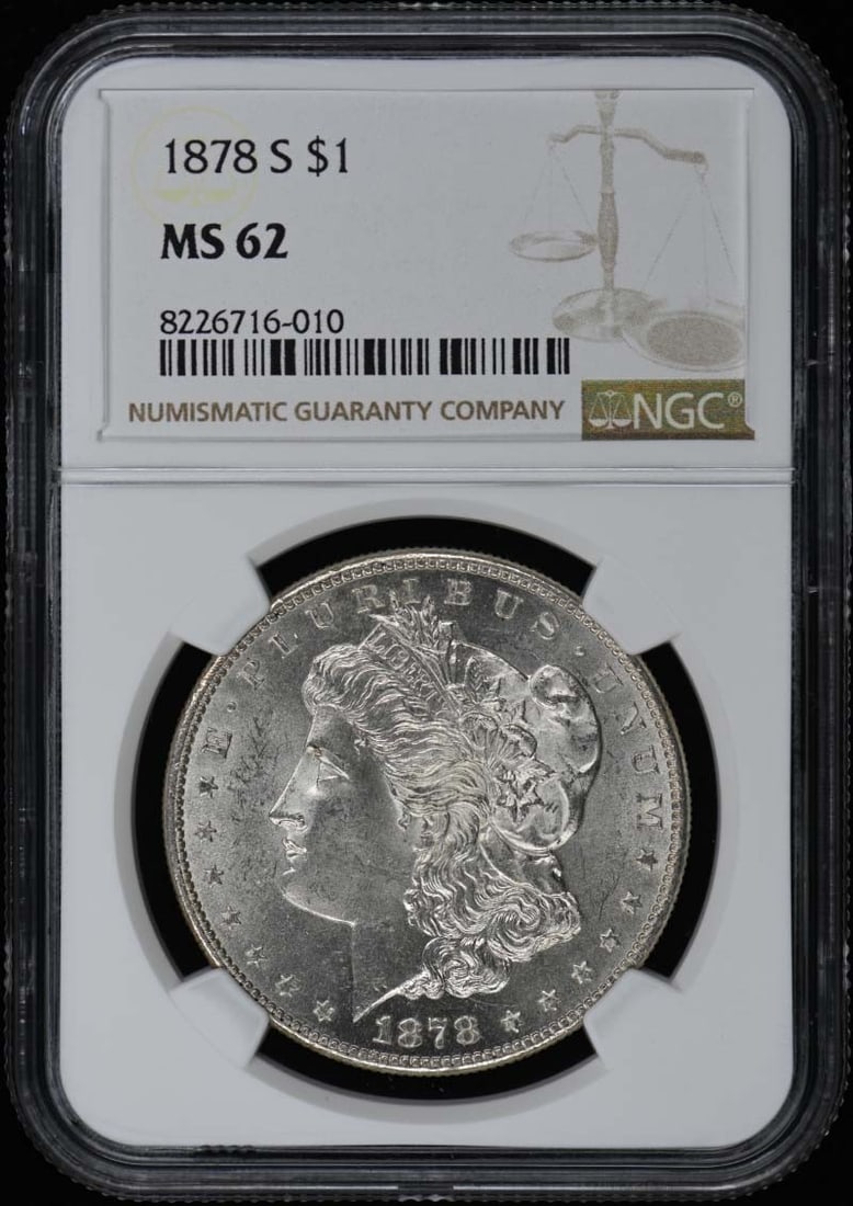 1878-S Morgan Dollar NGC MS62 Uncirculated San Francisco: 1878-S Morgan Dollar NGC MS62 Uncirculated San Francisco This stunning 1878-S Morgan Dollar, graded MS62 by NGC, showcases the beauty of American coinage from the San Francisco mint. This uncirculated