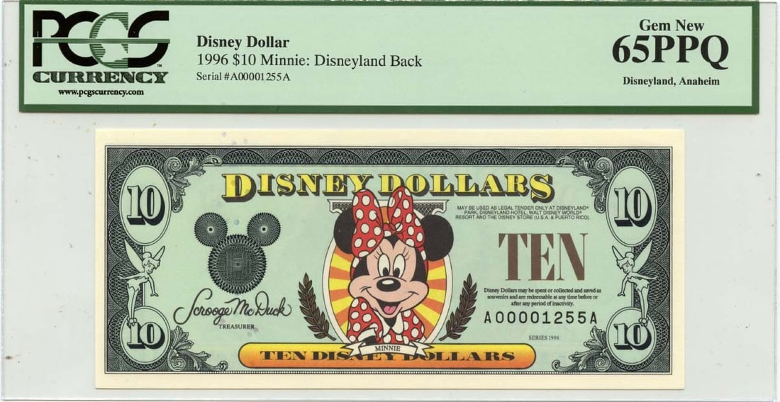 1996 Disney Dollar $10 Minnie Note PCGS MS65 Uncirculated: 1996 Disney Dollar $10 Minnie Note PCGS MS65 Uncirculated This stunning 1996 $10 Minnie note from Disneyland is a remarkable collectible for currency enthusiasts. Graded MS65 by PCGS Currency, it boas