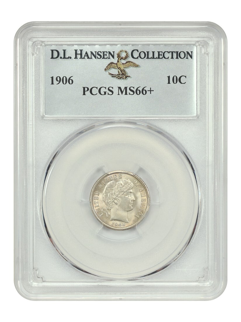 1906 Barber Dime 10C PCGS MS66+ Ex D.L. Hansen: 1906 Barber Dime 10C PCGS MS66+ Ex D.L. Hansen This 1906 Barber Dime is certified by PCGS with a grade of MS66+. With a total mintage of nearly 20 million coins, this particular piece stands out as a