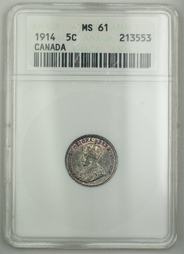 ANACS MS-61 Canada 1914 Five Cents Silver Coin With Toning (1 of 2)