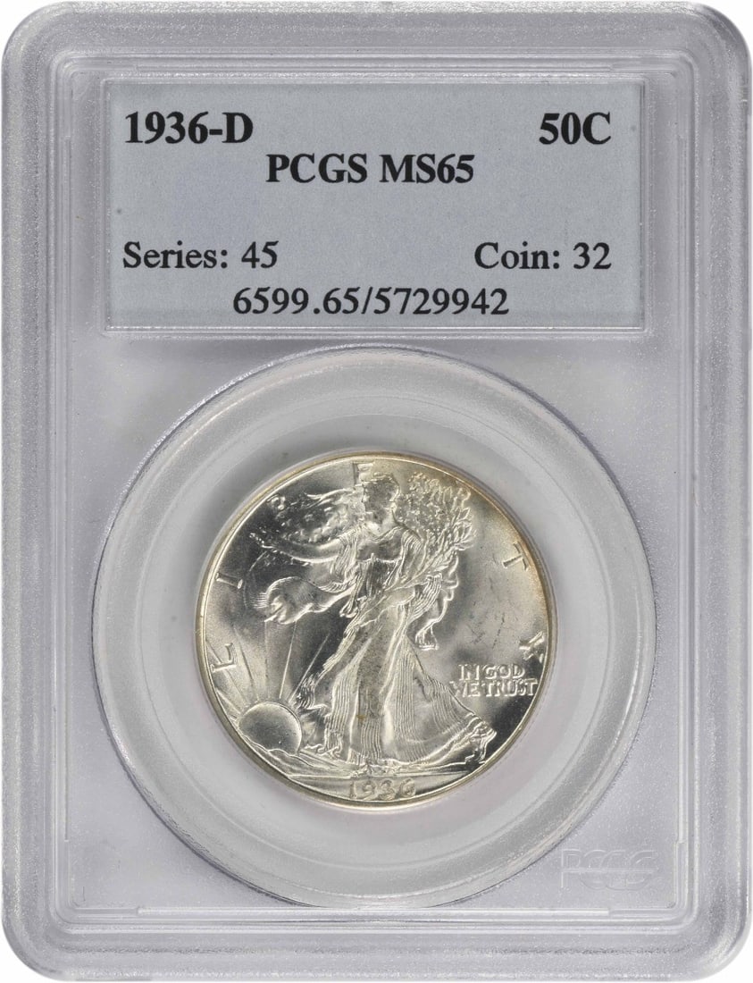 1936-D Walking Liberty Half Dollar MS65 PCGS Uncirculated Silver Coin: 1936-D Walking Liberty Half Dollar MS65 PCGS Uncirculated Silver Coin This 1936-D Walking Liberty Half Dollar is certified by PCGS with a grade of MS65, indicating its uncirculated condition. The coin