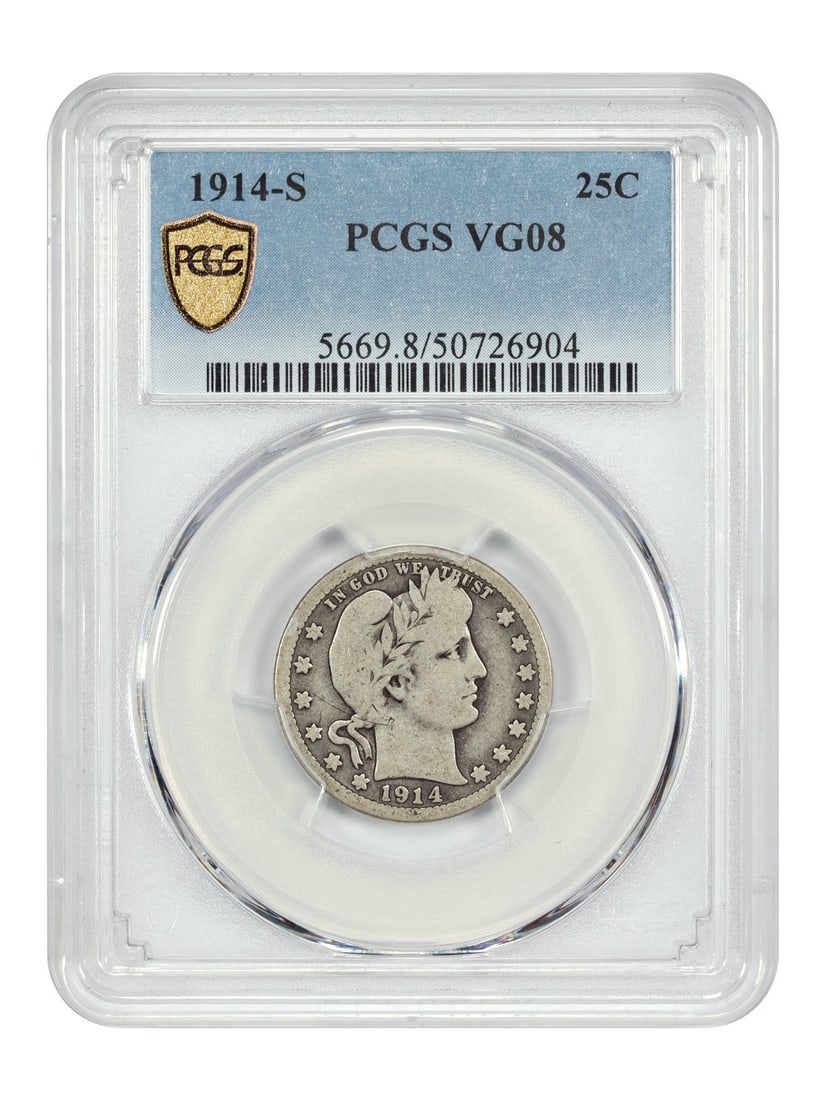 1914-S Barber Quarter PCGS VG08 Scarce San Francisco Coin (1 of 4)