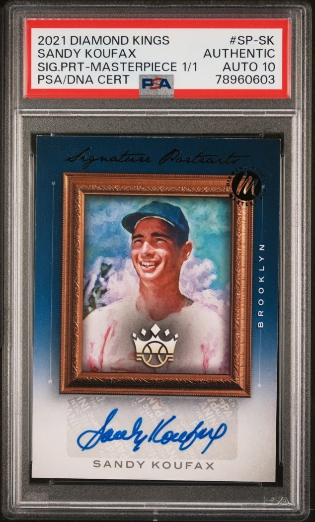 Sandy Koufax 2021 Diamond Kings PSA 10 Auto 1/1 Masterpiece Card: Sandy Koufax 2021 Diamond Kings PSA 10 Auto 1/1 Masterpiece Card Celebrate the legacy of Sandy Koufax with this 2021 Diamond Kings Portrait Masterpiece Baseball Card. This unique collectible features