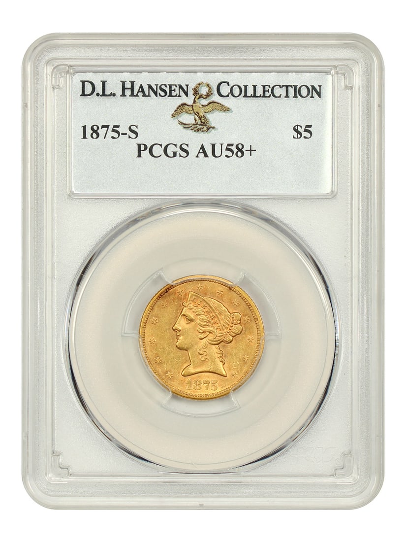 1875-S $5 Liberty Head PCGS AU58+ Rare Gold Coin: 1875-S $5 Liberty Head PCGS AU58+ Rare Gold Coin This 1875-S $5 Liberty Head coin, graded PCGS AU58+, is a remarkable piece of numismatic history. Struck in San Francisco, it belongs to a tough Half E