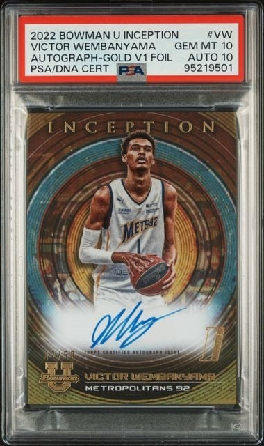 Victor Wembanyama 2022 Bowman U Inception Gold Autograph /50 PSA 10: Victor Wembanyama 2022 Bowman U Inception Gold Autograph /50 PSA 10 This is a 2022 Bowman U Inception Gold Autograph basketball card featuring Victor Wembanyama. It is a limited edition card with a se