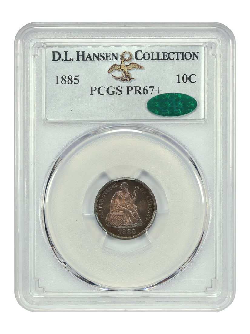 1885 Liberty Seated Dime PR67+ PCGS CAC Approved Stunning Toning: 1885 Liberty Seated Dime PR67+ PCGS CAC Approved Stunning Toning This 1885 Liberty Seated Dime is certified by PCGS with a PR67+ grade and features the CAC seal of approval, indicating its high qualit