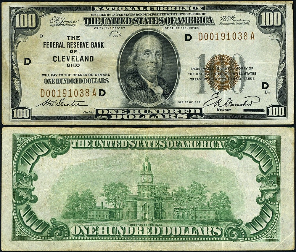 1929 $100 Cleveland Federal Reserve Note FR. 1890 D-A Block (1 of 3)