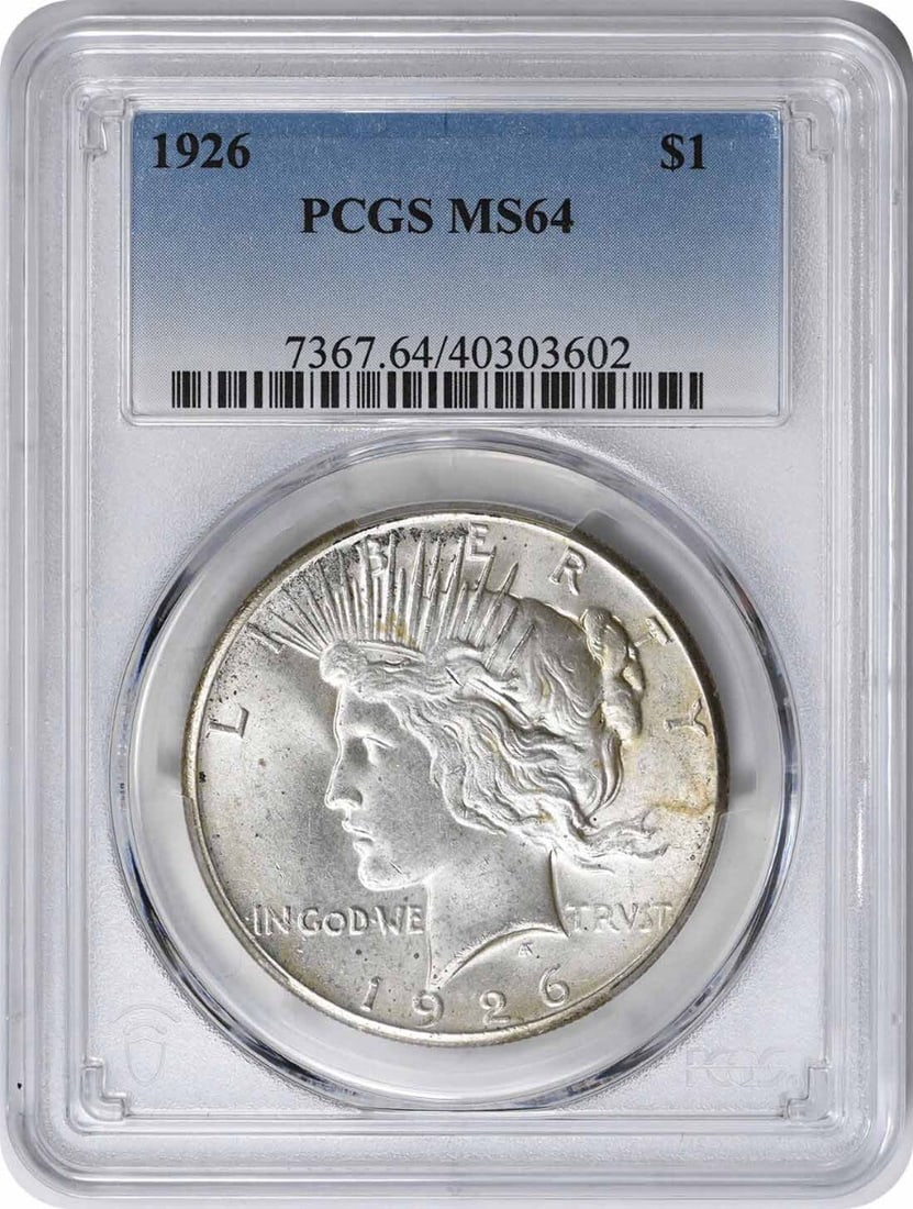 1926 Peace Silver Dollar MS64 PCGS Uncirculated Coin: 1926 Peace Silver Dollar MS64 PCGS Uncirculated Coin This stunning 1926 Peace Silver Dollar is graded MS64 by PCGS, reflecting its excellent condition. Celebrated for its artistic design by Anthony de