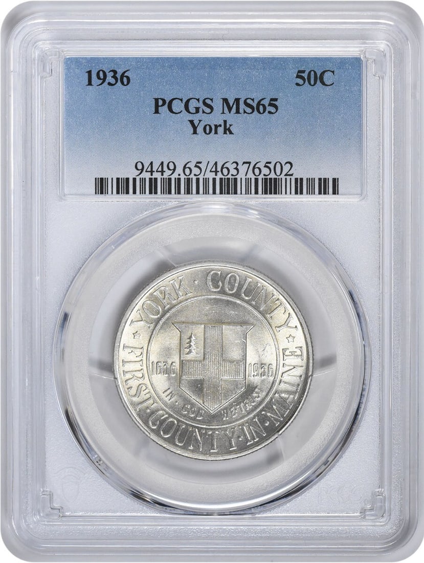 1936 York Commemorative Silver Half Dollar MS65 PCGS 90% Silver: 1936 York Commemorative Silver Half Dollar MS65 PCGS 90% Silver This 1936 York Commemorative Silver Half Dollar is a remarkable piece for any numismatist. Certified by PCGS with a grade of MS65, this