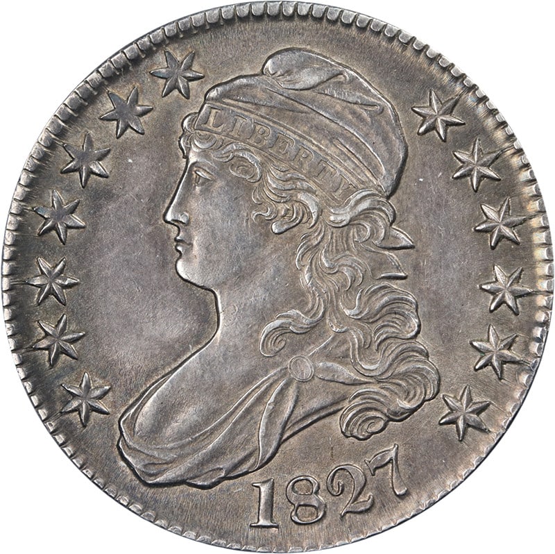1827 Capped Bust Half Dollar Curl Base 2 Choice AU/BU Silver: 1827 Capped Bust Half Dollar Curl Base 2 Choice AU/BU Silver This 1827 Capped Bust Half Dollar, known as 'Curl Base 2', showcases remarkable eye appeal with its beautiful luster and strong strike. The