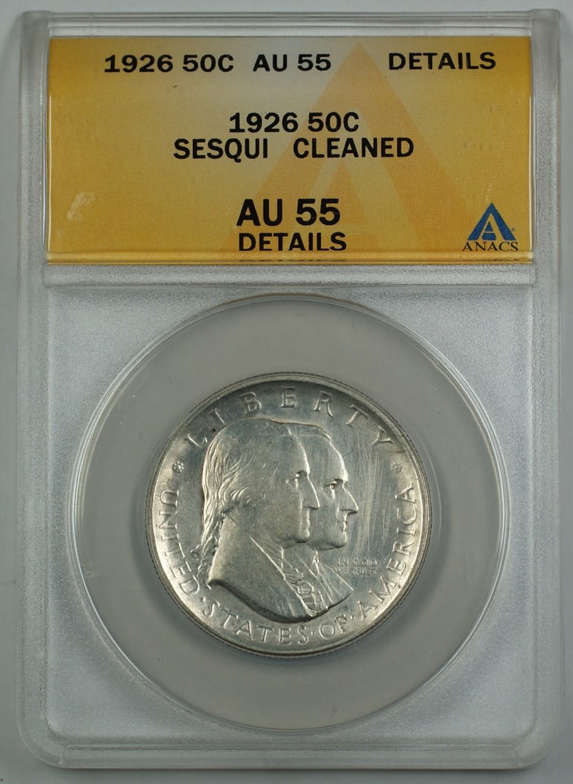 ANACS AU 55 1926 Sesqui Silver Half Dollar Philadelphia Commemorative: ANACS AU 55 1926 Sesqui Silver Half Dollar Philadelphia Commemorative 1926 Sesqui Commemorative Silver Half Dollar coin certified by ANACS with an AU 55 Detail grade and noted as cleaned. This circula