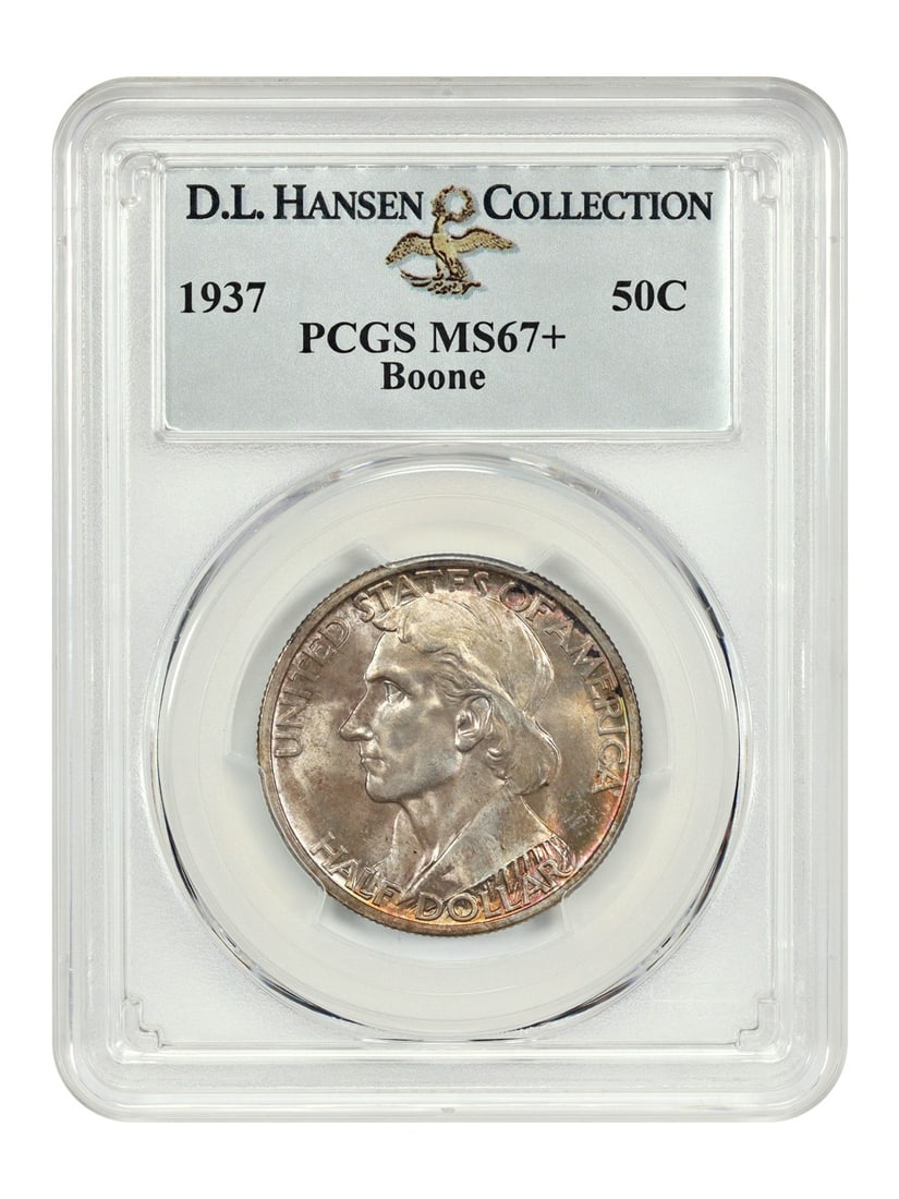 Boone 1937 Silver Half Dollar PCGS MS67 Plus D L Hansen Pedigree: Boone 1937 Silver Half Dollar PCGS MS67 Plus D L Hansen Pedigree This 1937 50C Boone Classic Silver Commemorative half dollar is graded MS67+ by PCGS and was previously part of the D.L. Hansen collect