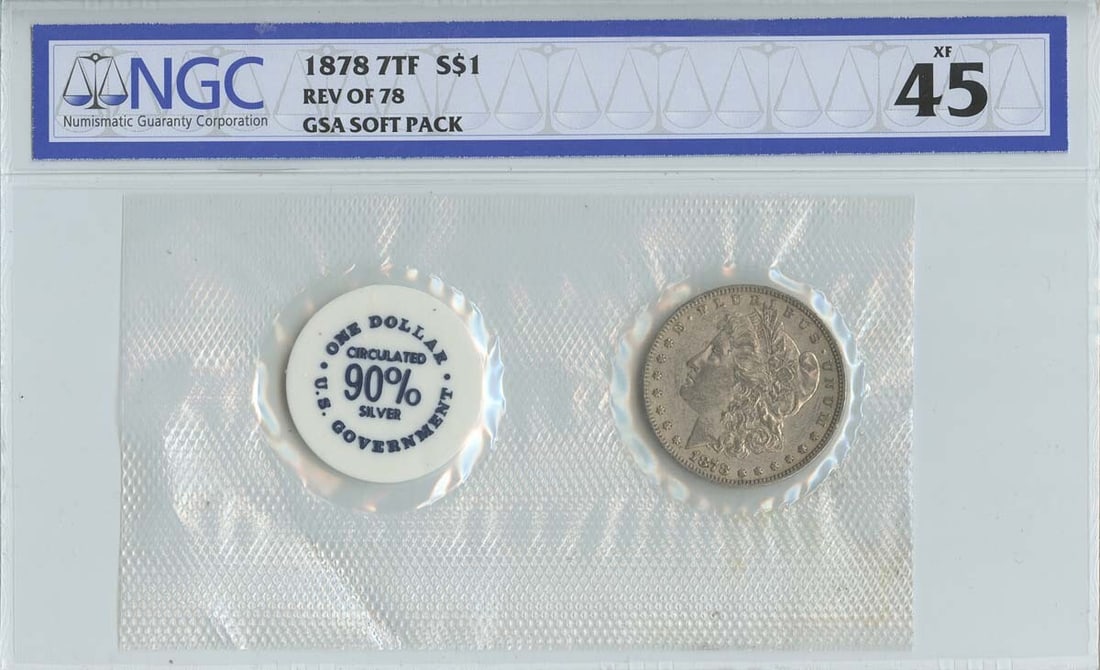 1878 Morgan Dollar GSA Soft Pack NGC XF45 Philadelphia Mint: 1878 Morgan Dollar GSA Soft Pack NGC XF45 Philadelphia Mint This 1878 Morgan Dollar is a remarkable piece of American numismatic history, certified by NGC with a grade of XF45. Struck in Philadelphia,