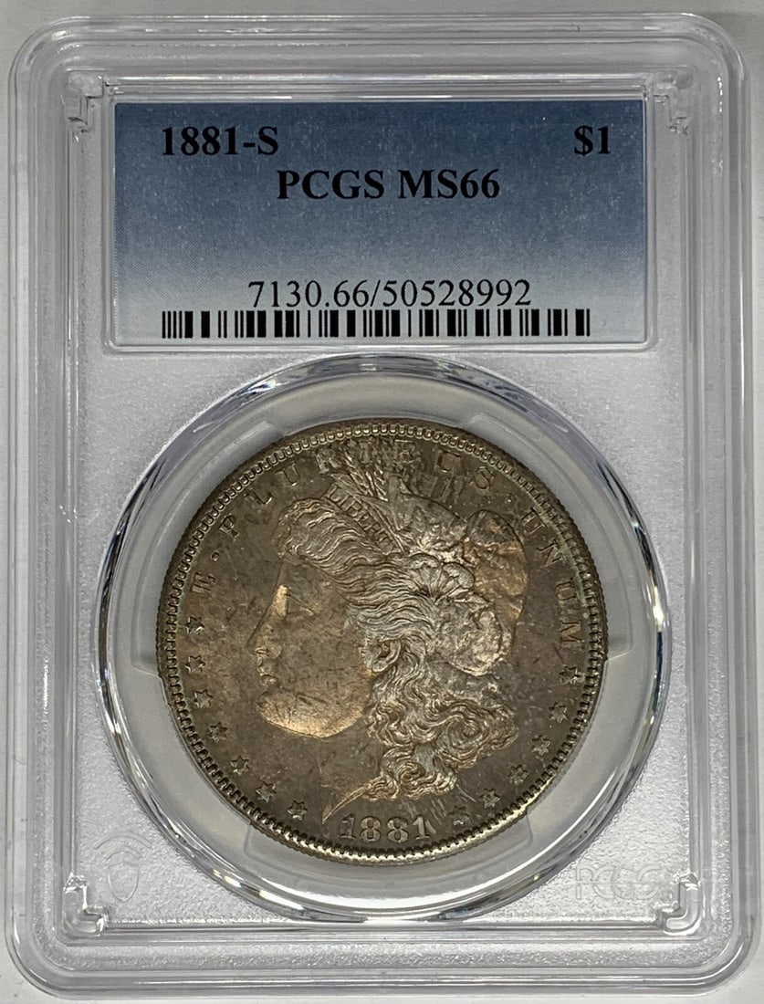 PCGS MS 66 1881-S Morgan Dollar Uncirculated Toned Silver Coin: PCGS MS 66 1881-S Morgan Dollar Uncirculated Toned Silver Coin This 1881-S Morgan Silver Dollar is a toned, uncirculated coin graded MS 66 by PCGS. It features the classic Morgan design and is compose