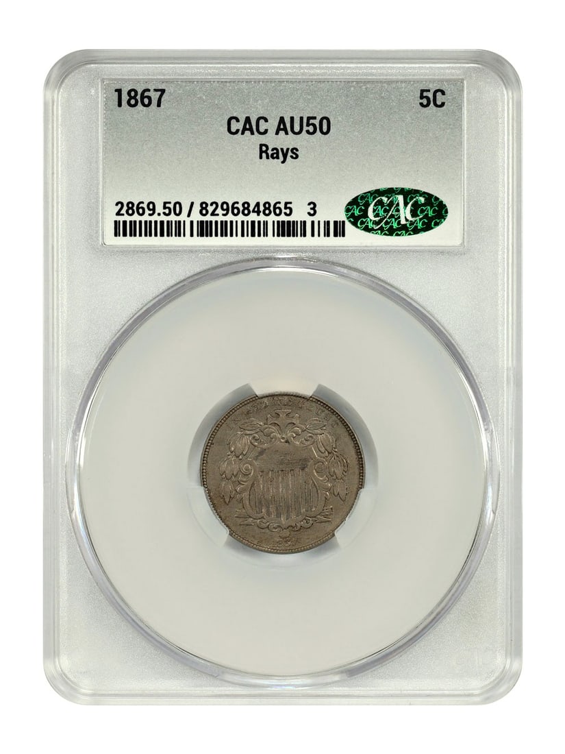 Shield Nickel 1867 With Rays 5 Cent CACG AU50 Certified Coin (1 of 4)