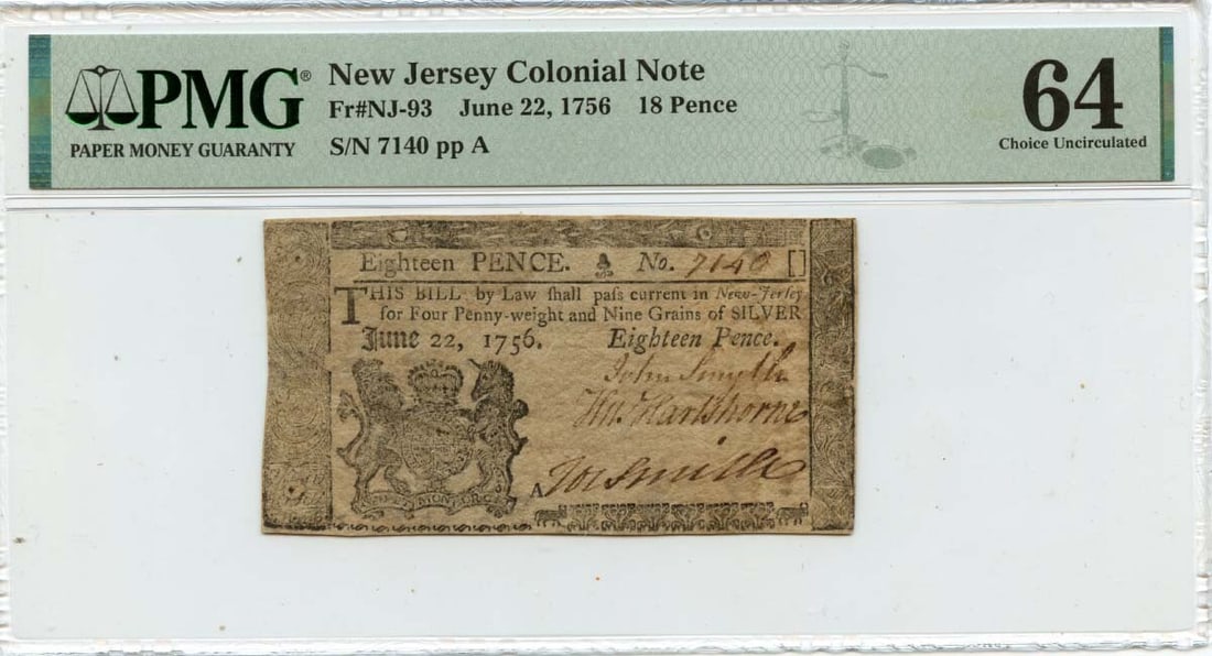1756 NJ-93 18 Pence Colonial Note PMG MS64 Uncirculated (1 of 2)