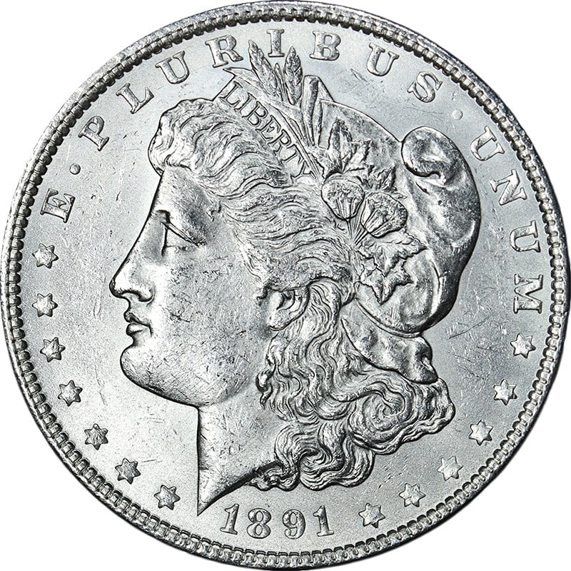 Uncirculated 1891 Philadelphia Morgan Silver Dollar Brilliant Uncirculated: Uncirculated 1891 Philadelphia Morgan Silver Dollar Brilliant Uncirculated This 1891-P Morgan Silver Dollar is an un-used coin featuring excellent eye appeal, luster, and a strong strike. The coin dis
