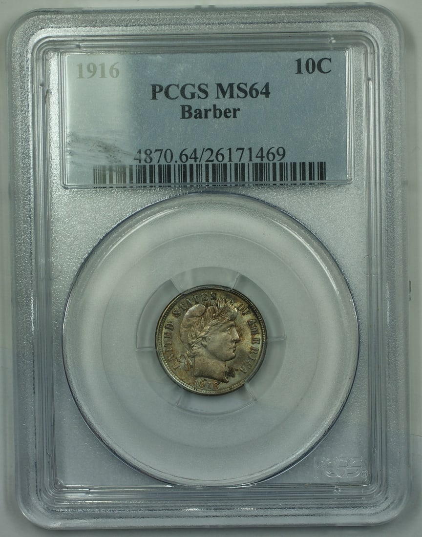 PCGS MS-64 1916 Silver Barber Dime Philadelphia Mint: PCGS MS-64 1916 Silver Barber Dime Philadelphia Mint This 1916 Barber Silver Dime is graded MS-64 by PCGS and features attractive toning. It is uncirculated and was minted in Philadelphia. The coin is