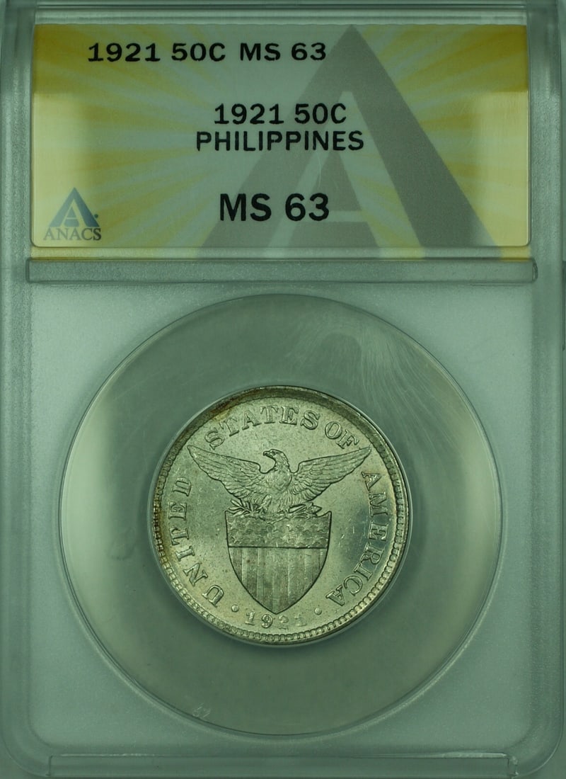 Philippines 1921 Silver 50 Centavos ANACS MS-63 KM171 Certified Coin (1 of 2)