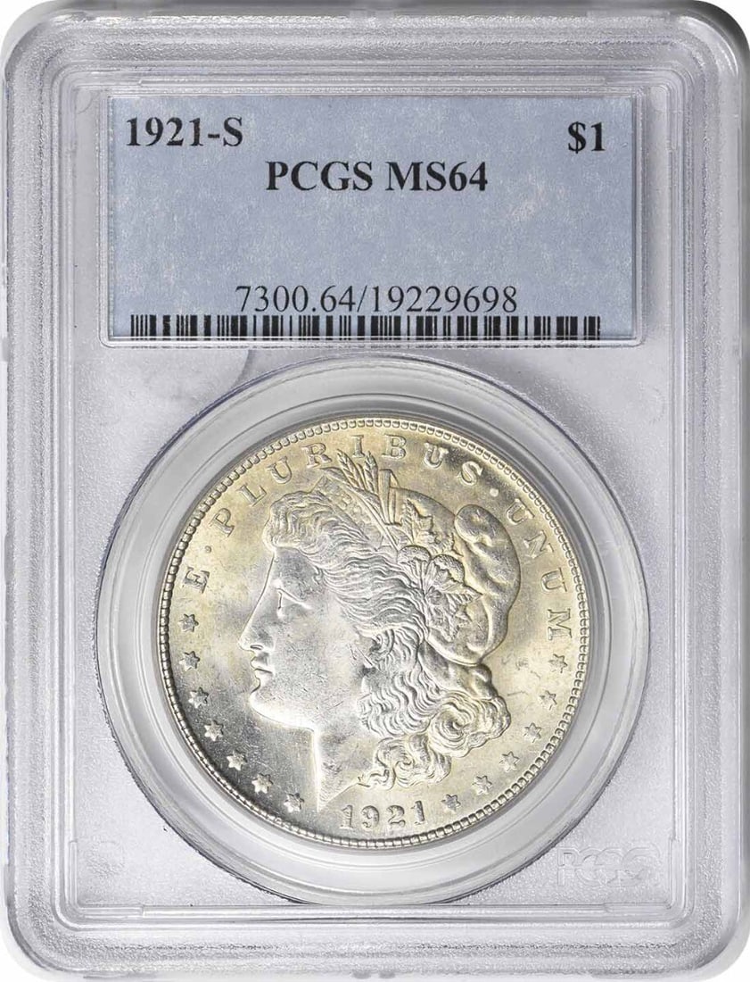 1921-S Morgan Silver Dollar MS64 PCGS Uncirculated 90% Silver: 1921-S Morgan Silver Dollar MS64 PCGS Uncirculated 90% Silver This stunning 1921-S Morgan Silver Dollar showcases the artistry of designer George T. Morgan. Certified by PCGS with a high grade of MS64