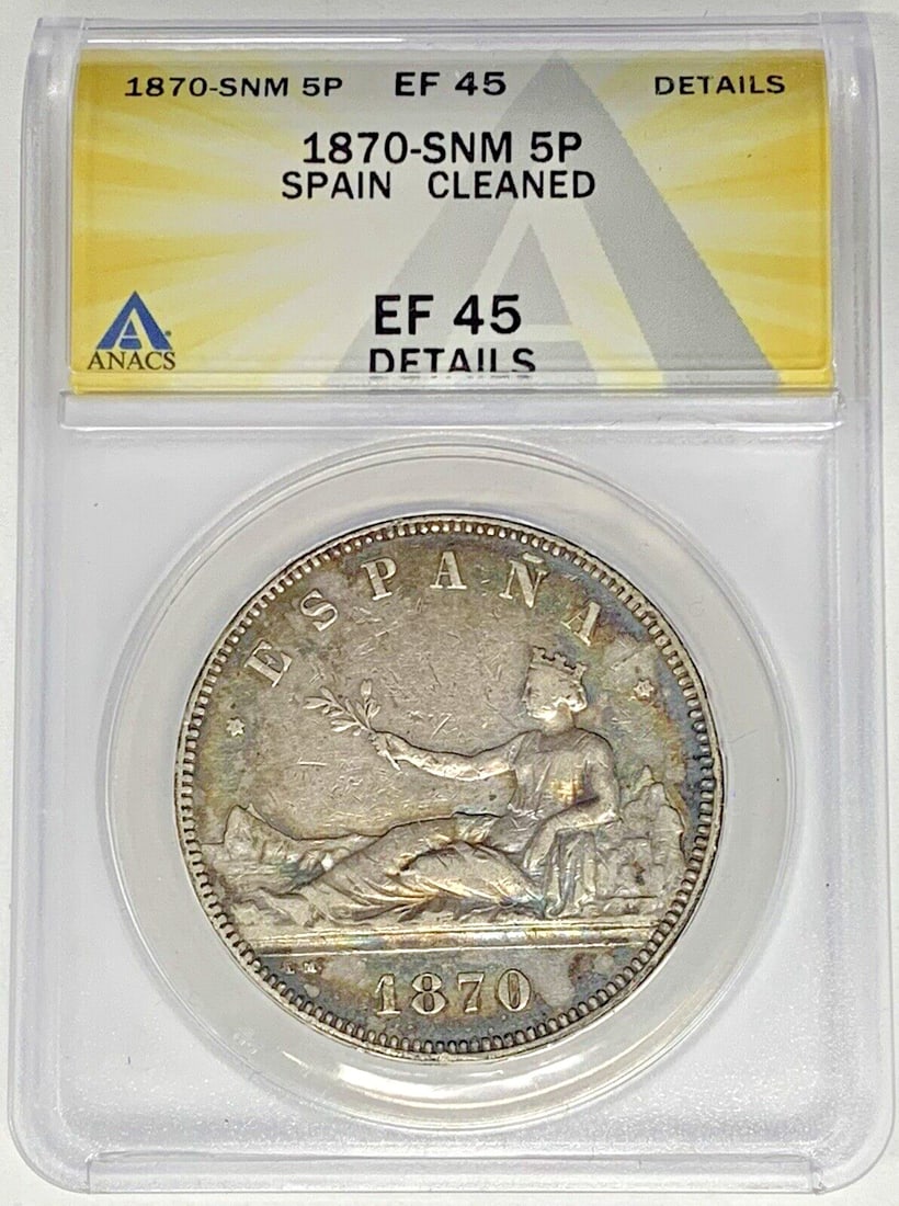 Spain 1870 Silver 5 Pesetas ANACS XF 45 Certified Coin (1 of 2)