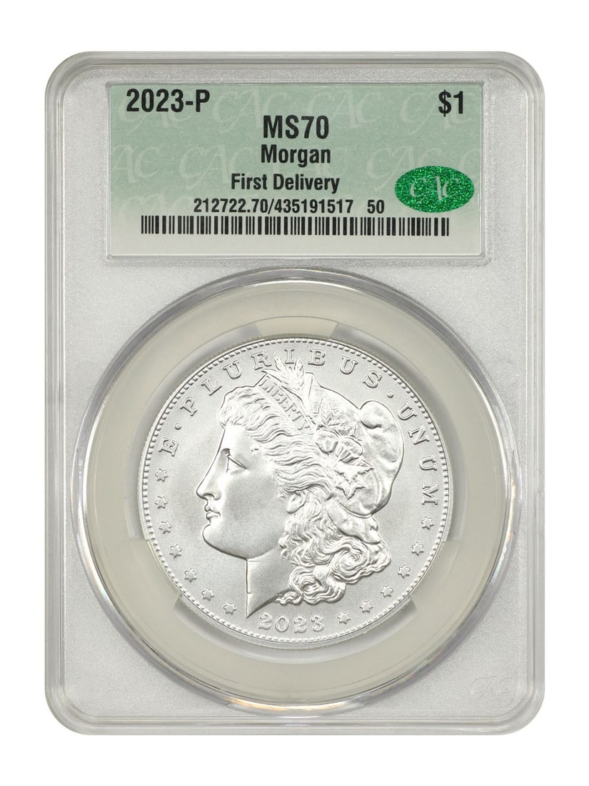 2023 Philadelphia Morgan Dollar CACG MS70 First Delivery Silver Coin: 2023 Philadelphia Morgan Dollar CACG MS70 First Delivery Silver Coin This is a 2023-P Morgan Dollar, graded MS70 by CACG, with a First Delivery designation. The coin is uncirculated and was minted in
