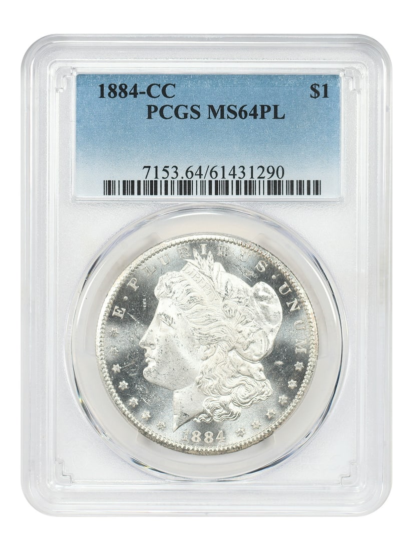 PCGS MS64PL Carson City 1884 Morgan Silver Dollar: PCGS MS64PL Carson City 1884 Morgan Silver Dollar This is an 1884-CC Morgan Dollar graded MS64PL by PCGS. Minted in Carson City, this uncirculated coin features a prooflike strike and is part of the M
