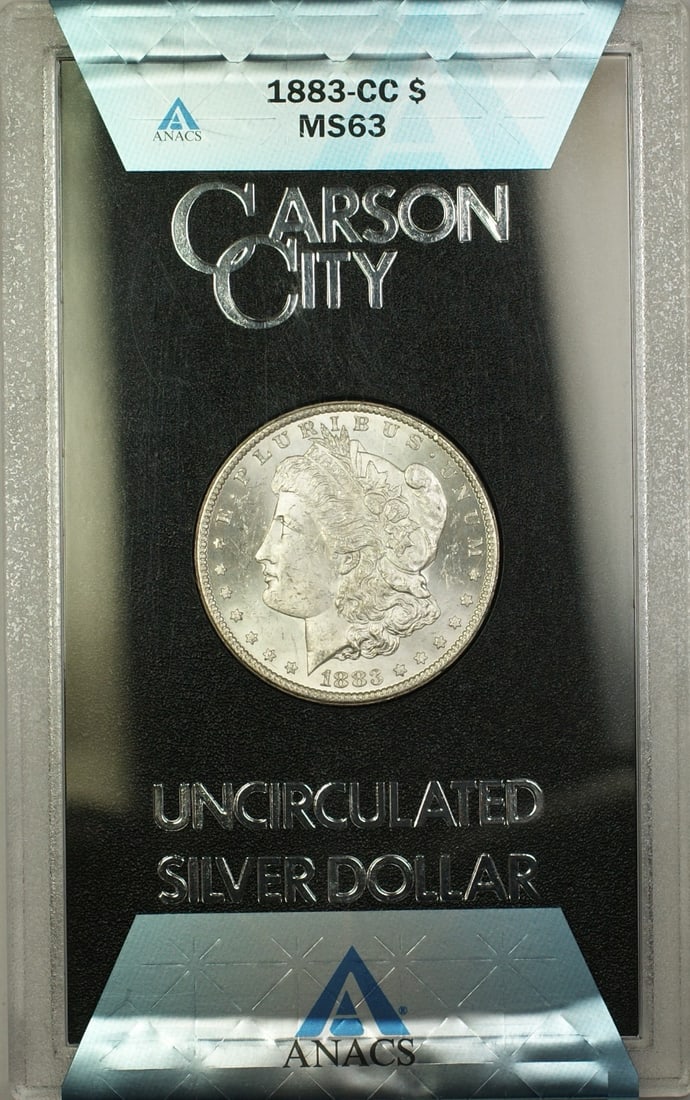 ANACS MS-63 1883-CC Morgan Dollar GSA Hoard in Box with COA: ANACS MS-63 1883-CC Morgan Dollar GSA Hoard in Box with COA This is an 1883-CC Morgan Silver Dollar from the GSA Hoard, certified by ANACS with a grade of MS-63. The coin is composed of silver with a