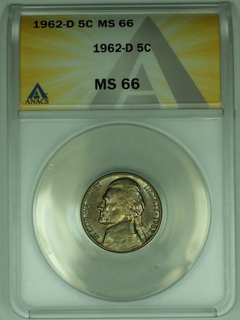 ANACS MS 66 1962-D Jefferson Nickel with Toning: ANACS MS 66 1962-D Jefferson Nickel with Toning This is a 1962-D Jefferson Nickel from the United States with a denomination of 5 cents. The coin features attractive toning and is certified by ANACS w