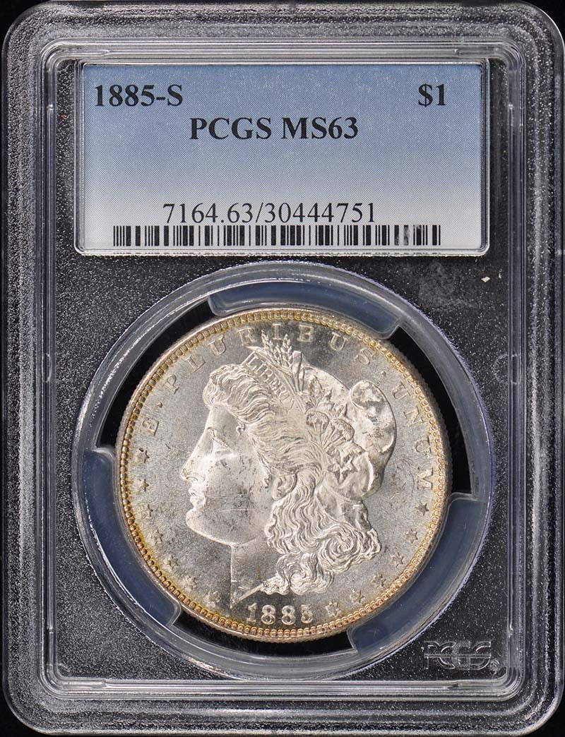 1885-S Morgan Dollar PCGS MS63 Uncirculated San Francisco Coin: 1885-S Morgan Dollar PCGS MS63 Uncirculated San Francisco Coin This 1885-S Morgan Dollar is a stunning piece from the San Francisco mint, graded MS63 by PCGS, confirming its uncirculated condition. Th