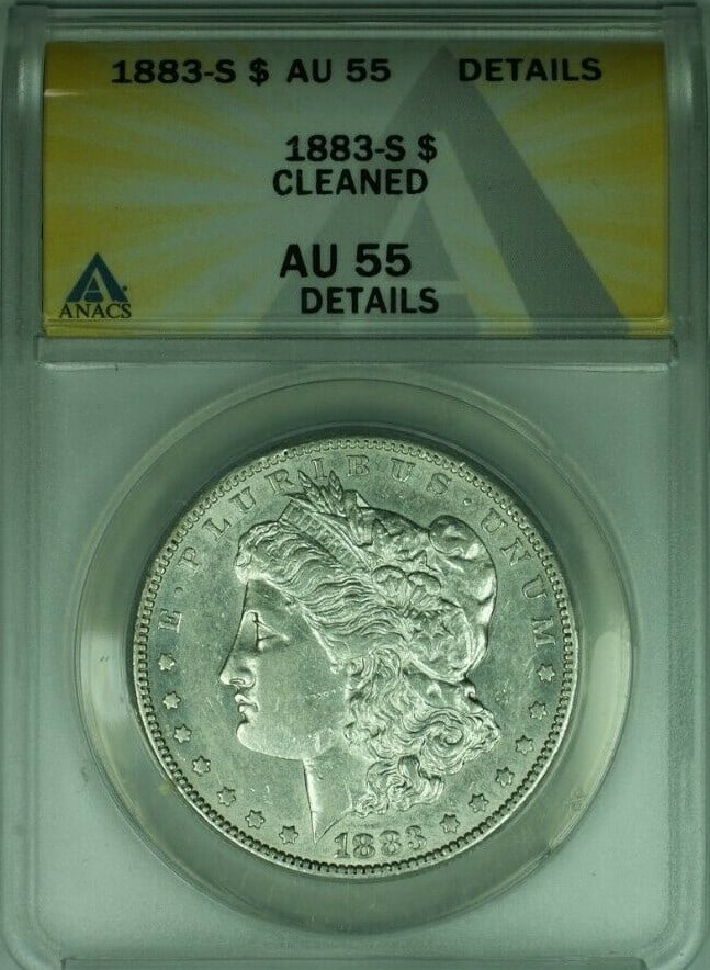 ANACS AU-55 1883-S Morgan Dollar San Francisco Cleaned Silver Coin: ANACS AU-55 1883-S Morgan Dollar San Francisco Cleaned Silver Coin This 1883-S Morgan Silver Dollar is a $1 coin minted in San Francisco. Certified by ANACS with an AU-55 Details grade, it has been no